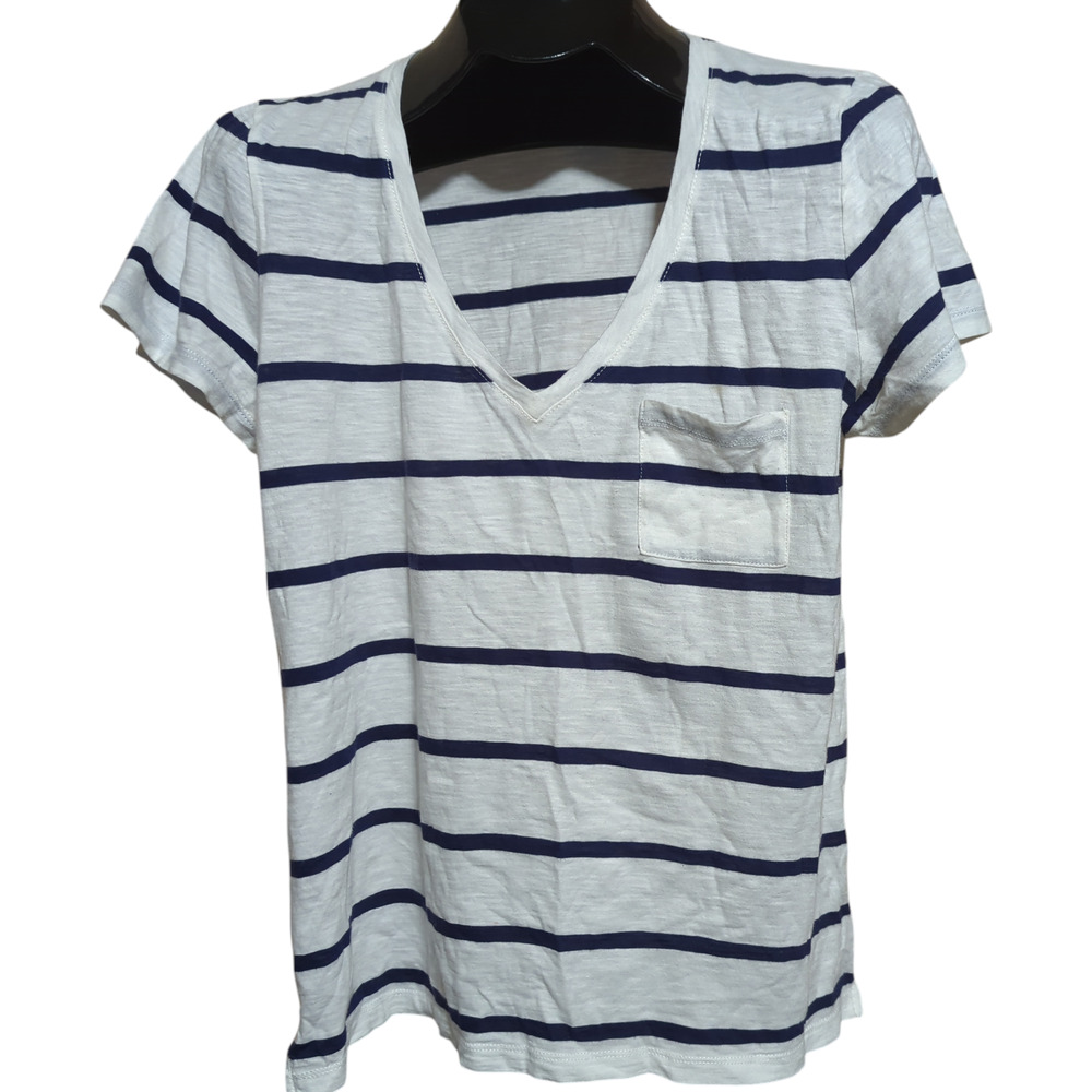 MADEWELL White Burnout Tee with Navy Blue Stripes Pocket Size Large